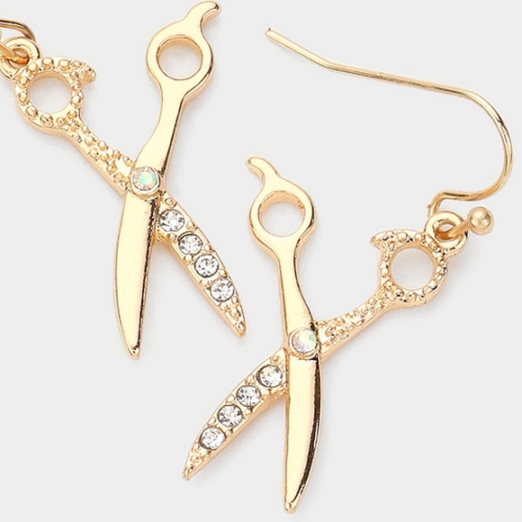 Gold Scissor Shaped Rhinestone Crystal Dangle Earrings Fashion Statement Jewelry - Picture 2 of 2